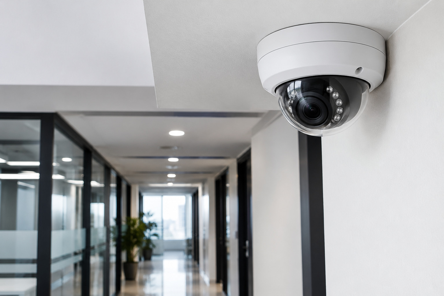 Cámara domo de videovigilancia instalada en un pasillo moderno
