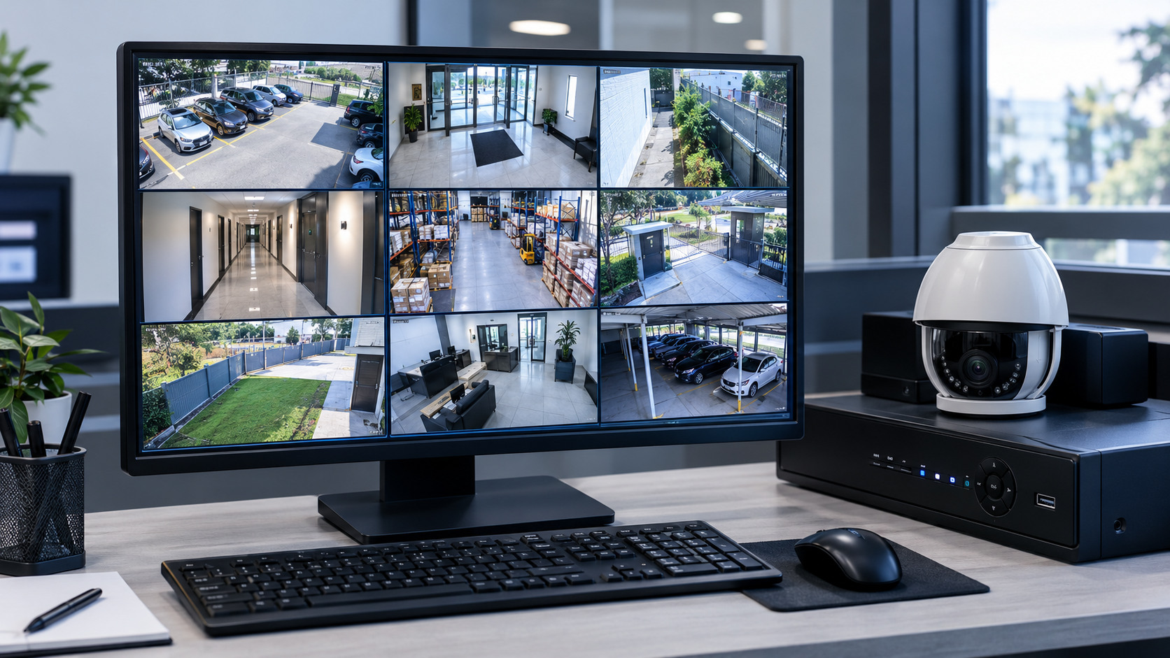 Monitor con múltiples vistas de cámaras de seguridad y equipo de grabación