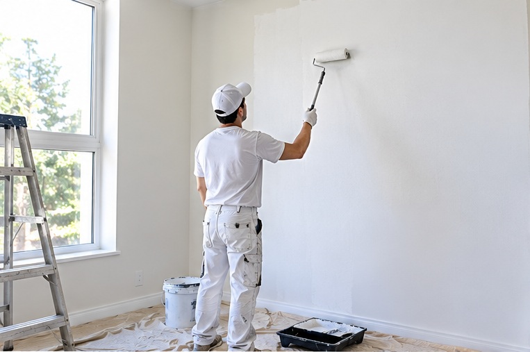 Pintor aplicando pintura blanca en una pared interior