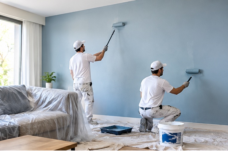 Pintores renovando una pared azul en una sala