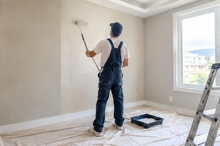 Pintor usando rodillo para cubrir una pared amplia